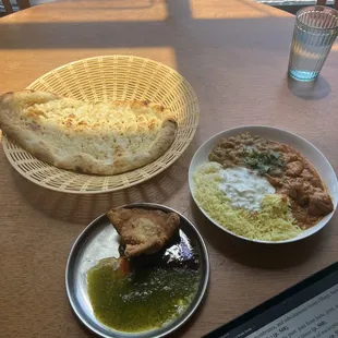 Lunch special:  Garlic nan bread $3.50 Samosa $2.00 Combo Chicken Tikka Masala $12