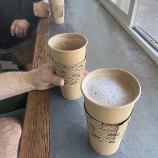 Three coffees for three friends, nice place to chat. Love the Almond Lattes.