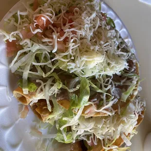 This special plate is perfect combo right amount of fullness. Tostada, taco &amp; 2 rolled tacos