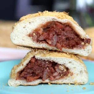 Inside of BBQ Pork Melon Pan Bun 叉燒菠蘿包 ($1.85) - too sweet. Better without the sweet melon pan topping.