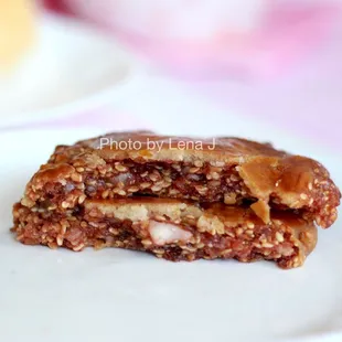 Inside of Phoenix Cookie 鷄仔餅 ($1.85) - it&apos;s interesting. Very sweet yet also savory and meaty. Has red fermented bean curd.