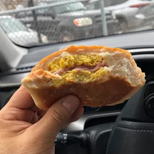 A good sized ham-and-egg bun, $1.70.