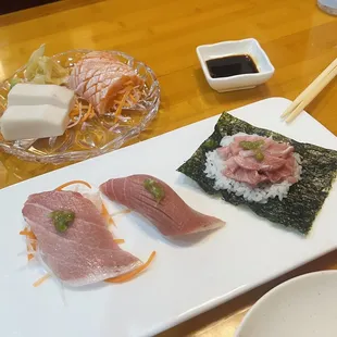 Toro trio, 2 Piece Super White Tuna Sashimi, 2 piece Salmon Belly Sushi