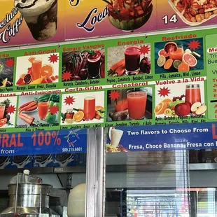 the menu of a juice shop
