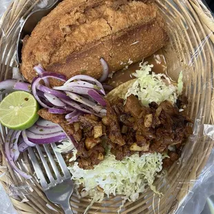 Torta Ahogada Combo con taco de al pastor   The al pastor meat was super yummy!