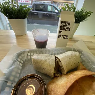Adobo steak wrap with Chicha Morada tea