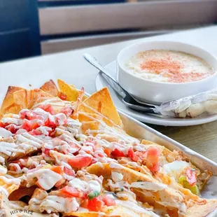 Beach nachos with chicken and she crap soup