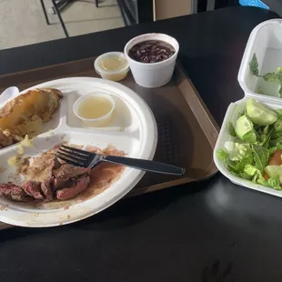 Sweet potato, steak and plain salad with lemon and garlic sauce