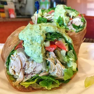 Chixy Wrap with Chicken and Fresh Veggies topped with the Creamy Basil Garlic Yogurt House Dressing