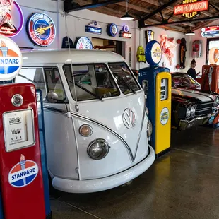 a vw bus at a gas station