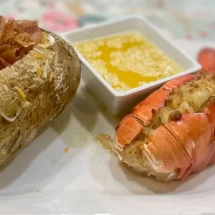Perfect baked potato and crab stuffed lobster tail