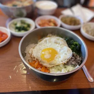 Regular Bi Bim Bop w/assorted Ban Chan- delicious for $9.95 lunch time.  (Summer 2022)