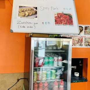 Drinks available for purchase and Specials of the day.