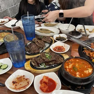 LA Galbi, Tofu Soup, Seafood Pancake, Octopus Noodles and banchon.