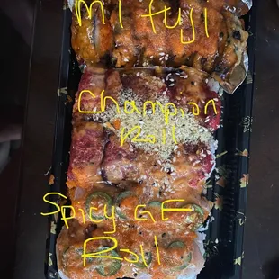 Mount Fuji Roll, Champion Roll, Spicy GF Roll