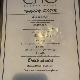 Happy hour menu Sept 2023
