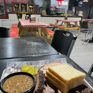 Three meat combo (Brisket, spare ribs &amp; turkey) with beans.