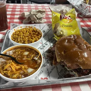 Texas Chili, Street Corn, Brisket and Pork Belly Sandwich (Meal)