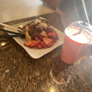 Chocolate waffle, vanilla/choc ice cream with fresh strawberries &amp; strawberry banana smoothie