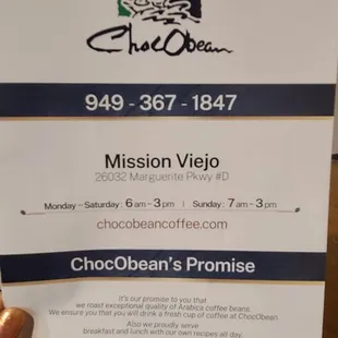 a menu for the cafe