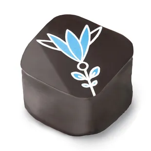 a chocolate box with a blue flower on it