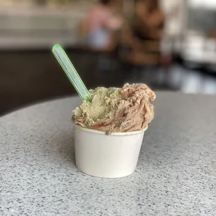 Gelato , two flavors, on a table in the front room (there is a second room off to the side).