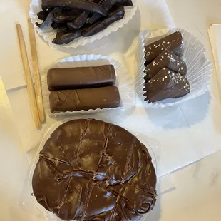 Chocolate fudge, peanut butter fudge sticks, arrancini, and Mt Ranier Truffles