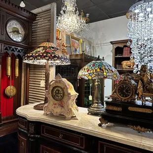 antique clock and chandelier