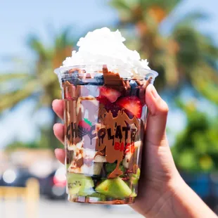 a hand holding a cup of ice cream and fruit