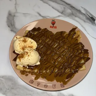 Crepe with Nutella, cookie butter, cookie butter crumbl and ice cream