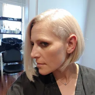 Beige blonde a bob cut and a bit of a peek shave. So I'm love with my cut and color.