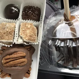 Truffles, caramel, chocolate turtle, and a caramel apple. Fresh and delicious!