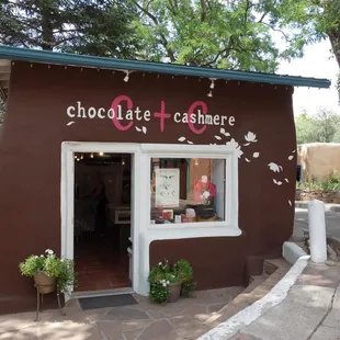 the entrance to a chocolate shop