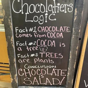 a menu for chocolates