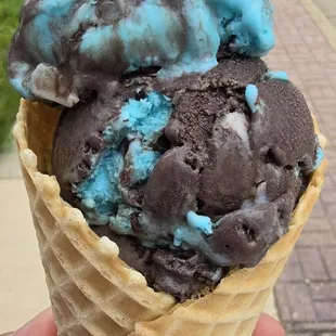 Cedar Crest's Deep Space ice cream (Blue Moon mixed with dark chocolate and swirls of frosting) in a waffle cone
