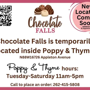 chocolate falls is temporarily located inside poppy and thye