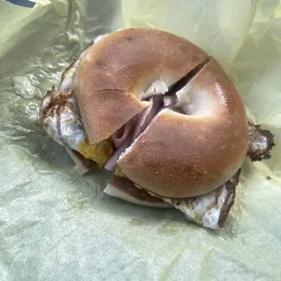 Ham + egg + cheese + bagel