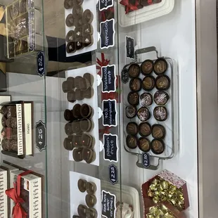 a display of chocolates in a glass case