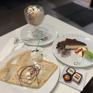 Desserts! Chocolate Ganache Cheesecake, Mascarpone and Nutella Crepe, gelato &amp; chocolates