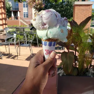 Sugar cone stacked with Key Lime Pie and Blueberry Cheesecake