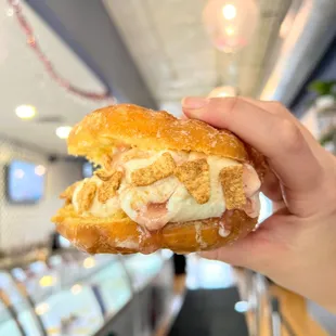 a hand holding a sandwich