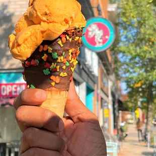 a hand holding an ice cream cone with sprinkles