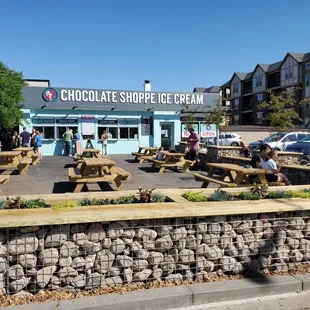 people sitting at picnic tables