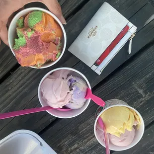 Ube chai, strawberry hibiscus, passion fruit Italian ice, rainbow sherbet