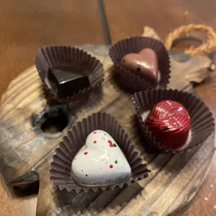 Bought these: Dark Chocolate, White heart - Bourbon Caramel Pecan Bourbon, Choco Heart - Rum Raisin, Round Red - Passion Fruit Caramel