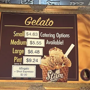 menu for gelato
