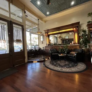 the entrance to a restaurant