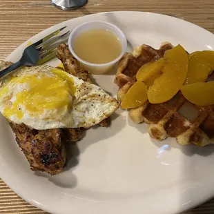 Peach cobbler chicken and waffles, delicious!
