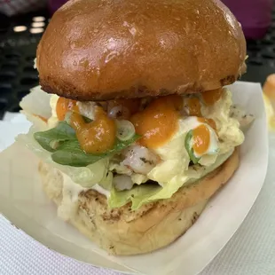 Burgerweek burger (burger with shrimp, macaroni salad, hot sauce, green onions)