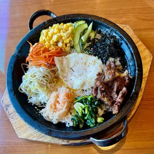 Dolsot Bibimbap w/ Galbi (an array of veggies and egg over a bed of rice) - Pre-Mixed!